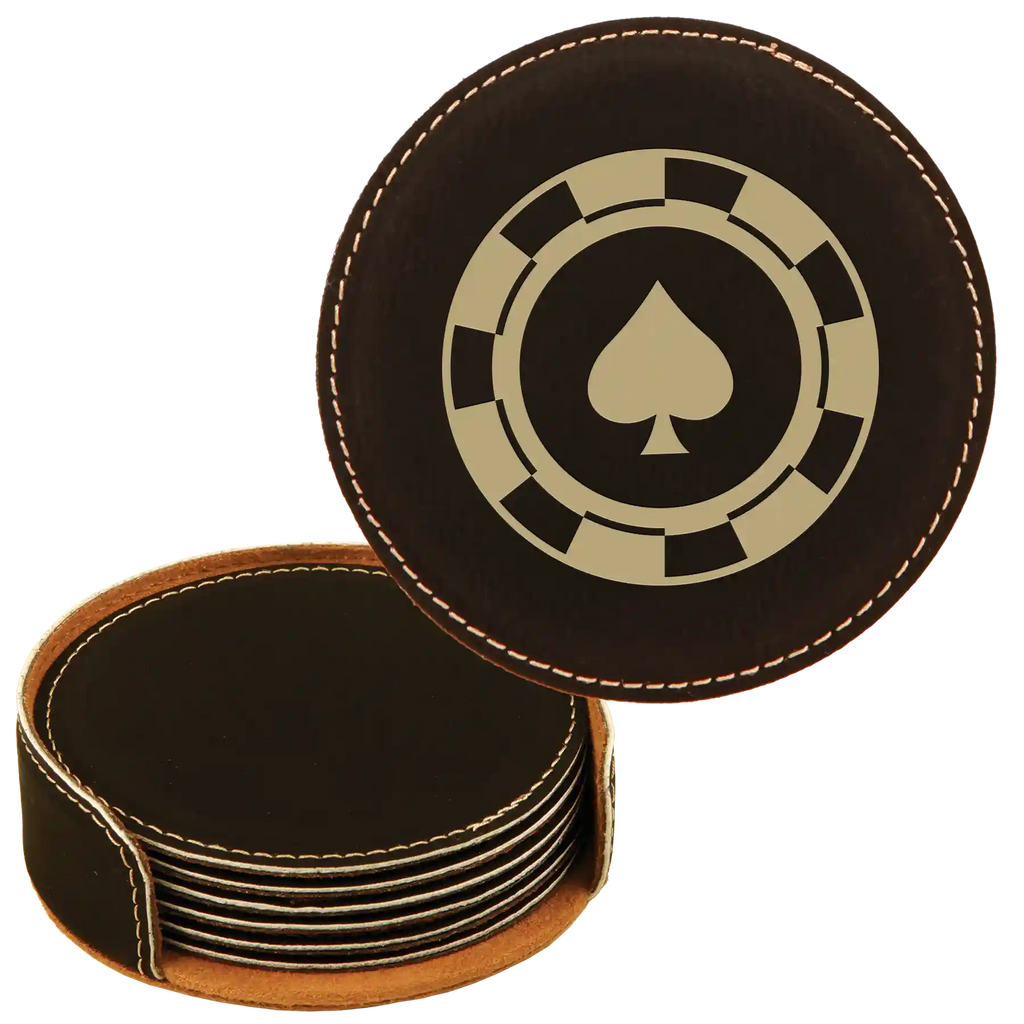 Poker Chips Set of 6 Round Leatherette Coasters Set of 6 | Black/Gold