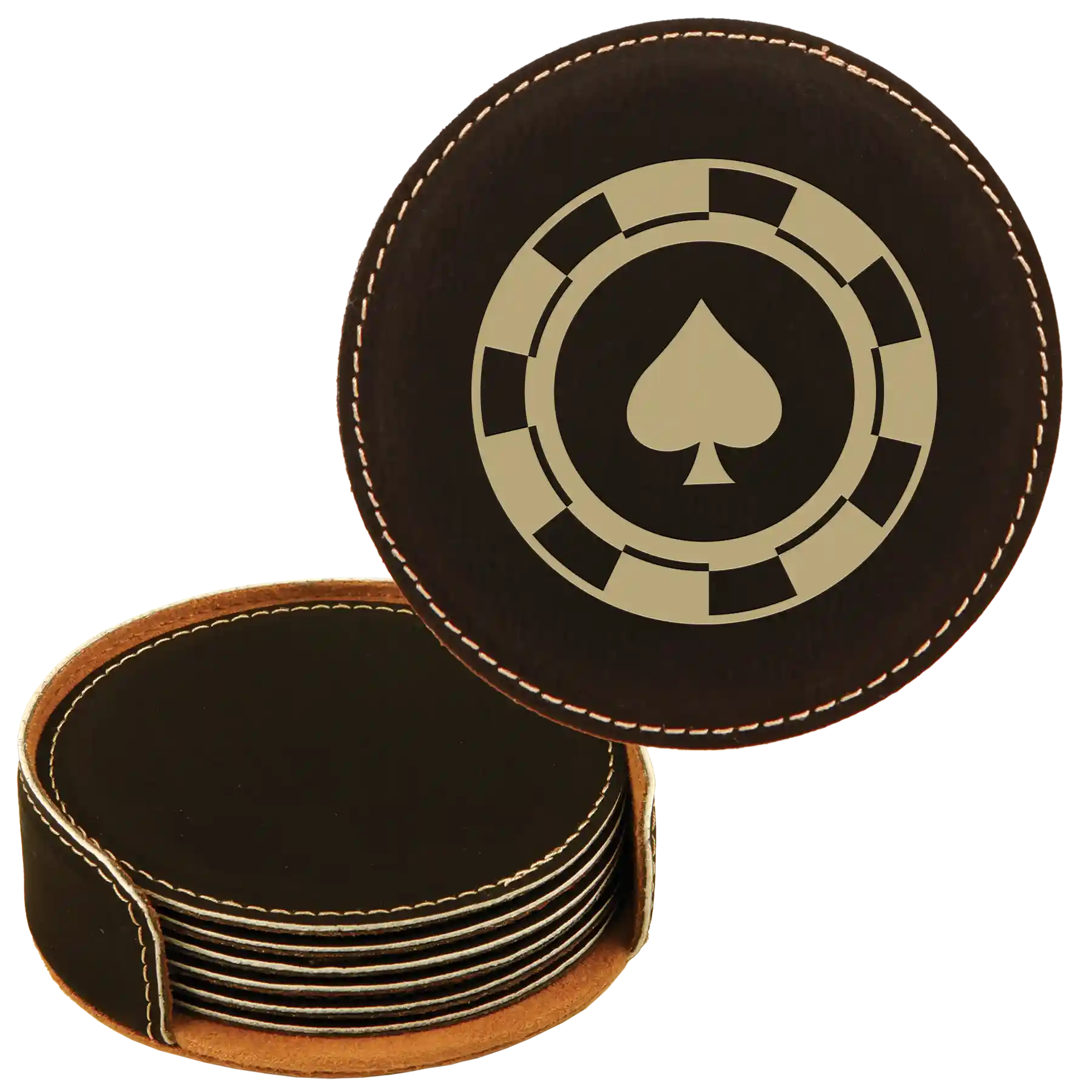 Poker Chips Set of 6 Round Leatherette Coasters Set of 6 | Black/Gold