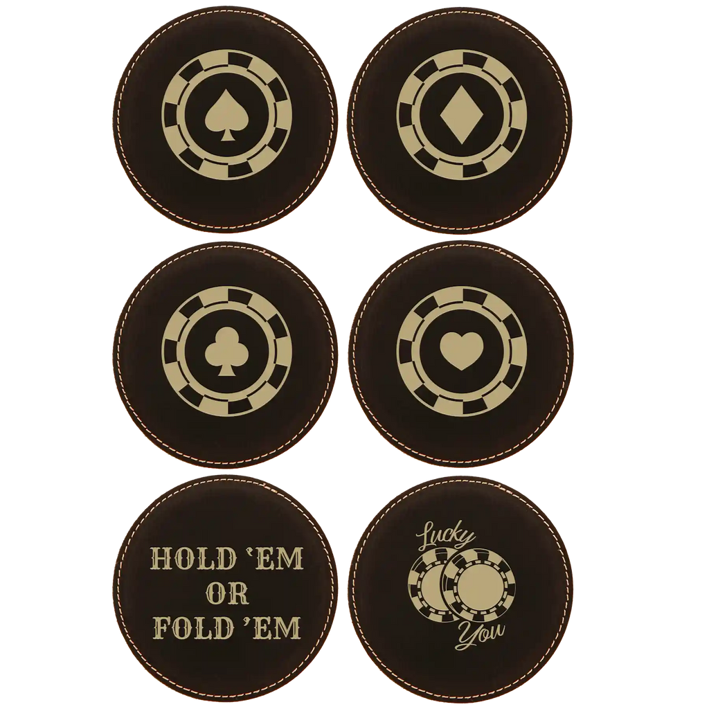 Poker Chips Set of 6 Round Leatherette Coasters Set of 6 | Black/Gold