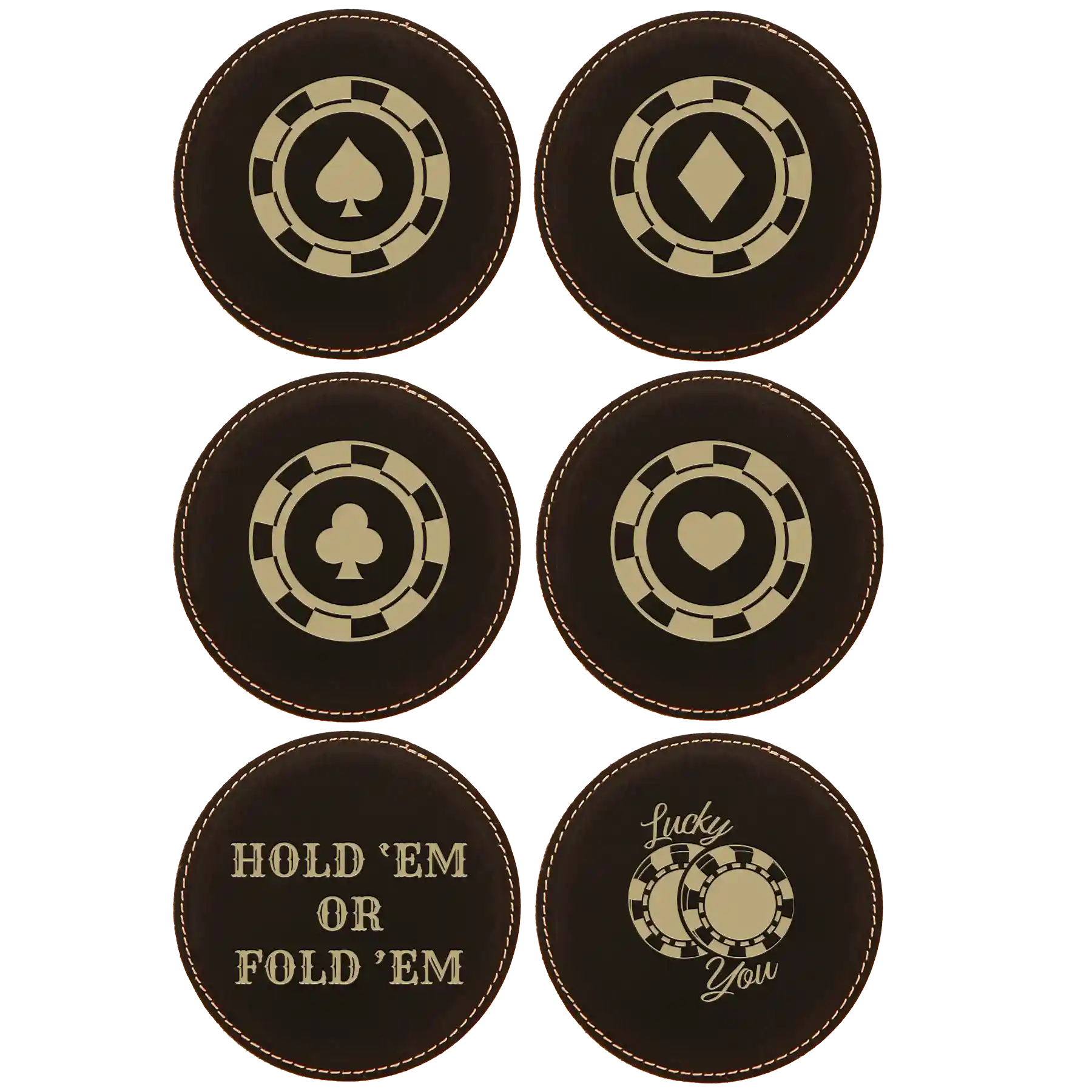 Poker Chips Set of 6 Round Leatherette Coasters Set of 6 | Black/Gold