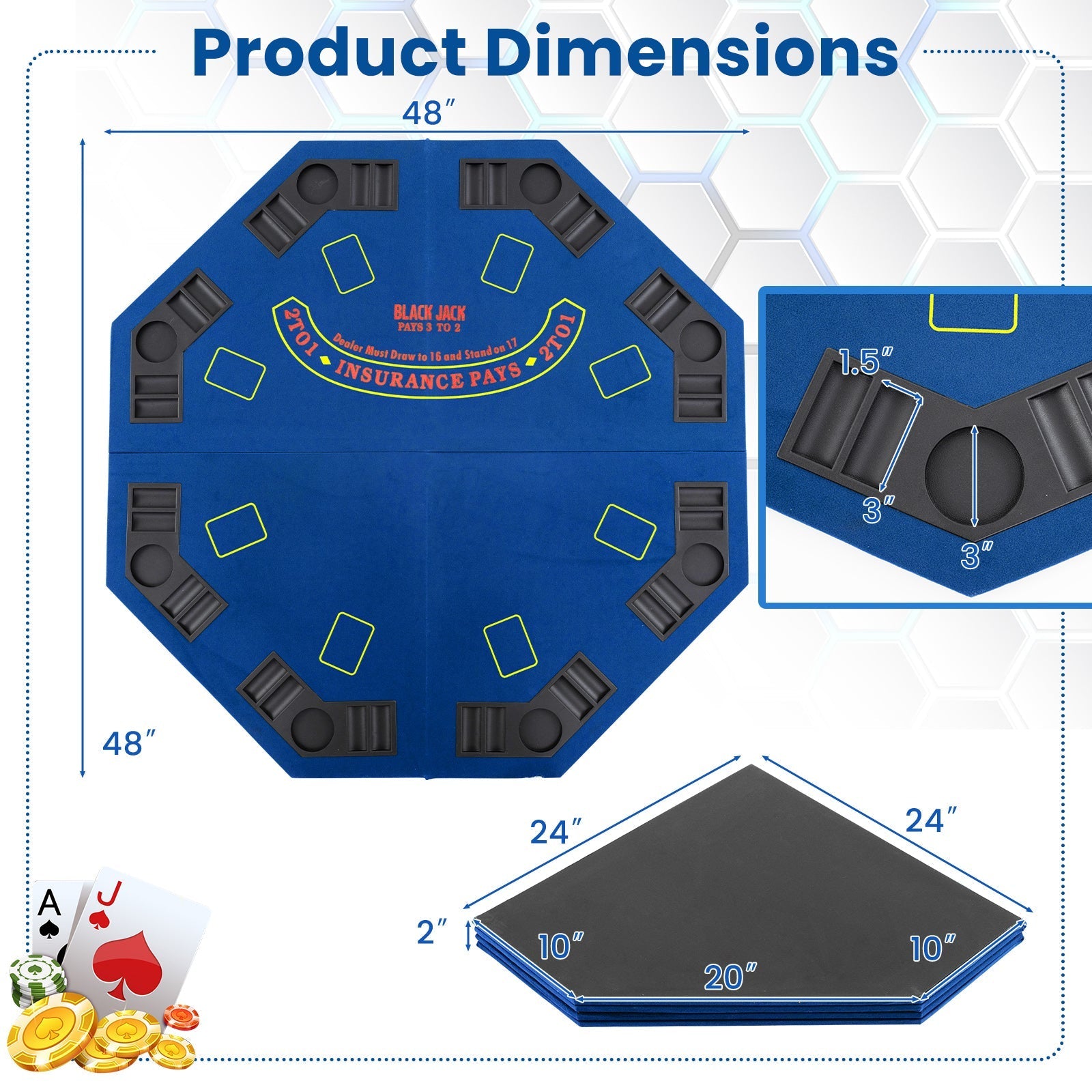 48 Inch 8-Player Foldable Poker Table Top with Carrying Bag and Cup Holders