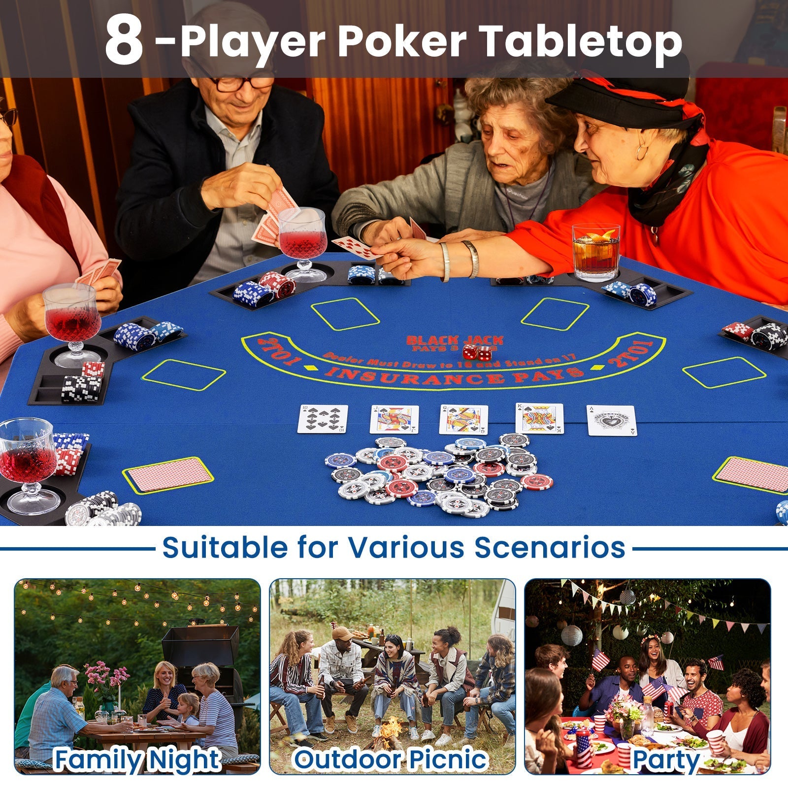 48 Inch 8-Player Foldable Poker Table Top with Carrying Bag and Cup Holders