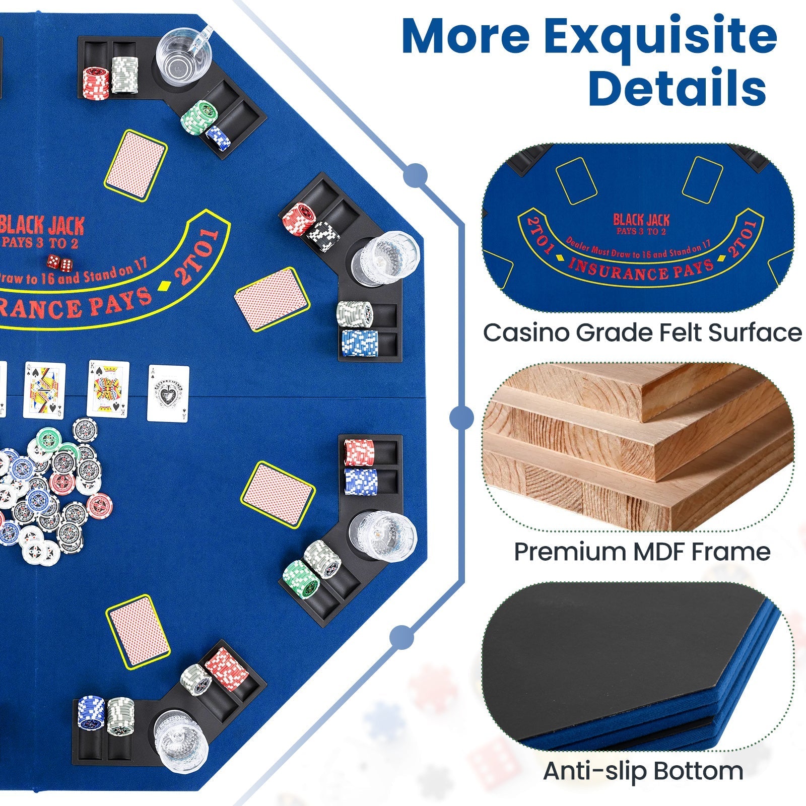 48 Inch 8-Player Foldable Poker Table Top with Carrying Bag and Cup Holders