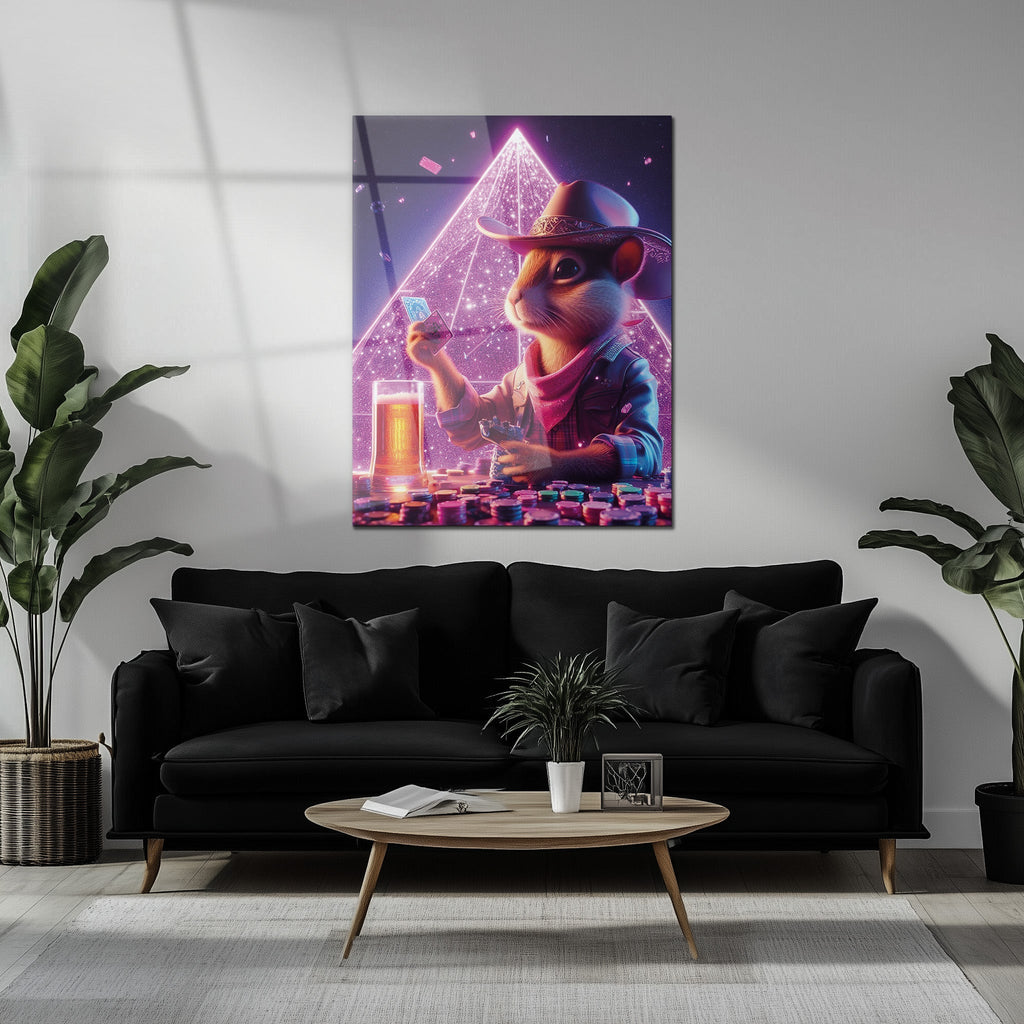 Cowboy Hamster Poker Night – Neon UV Glass Wall Art for Game Room Vibes-KAFCD088